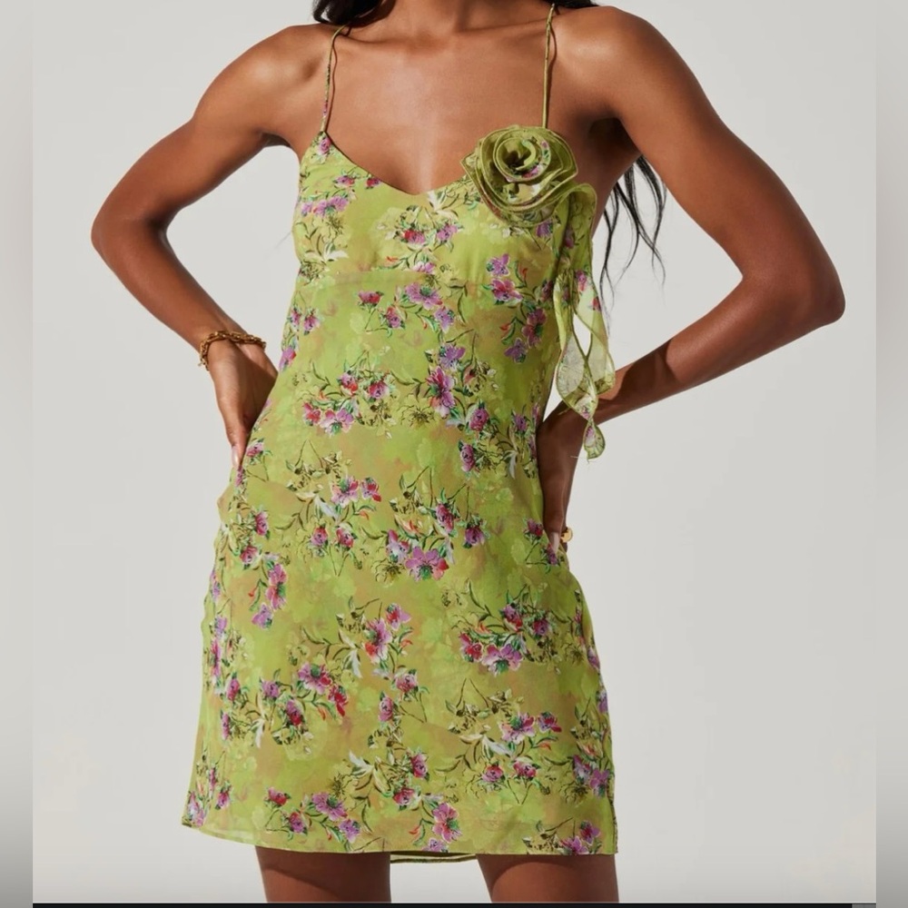 Astr Lime Green Floral Slip Mini Dress with Rosette